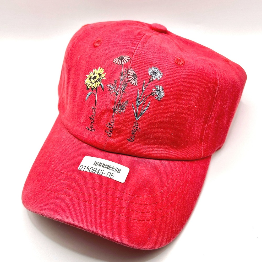 Foxtrot Delta Tango Flowers Hat Womens OS Red Embroidered Floral Baseball Cap